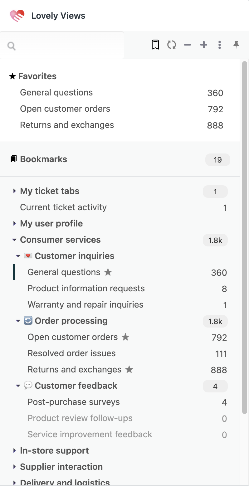Interface de Lovely Views affichant l'organisation hiérarchique des dossiers pour les catégories de service client, avec une option d'actualisation visible.